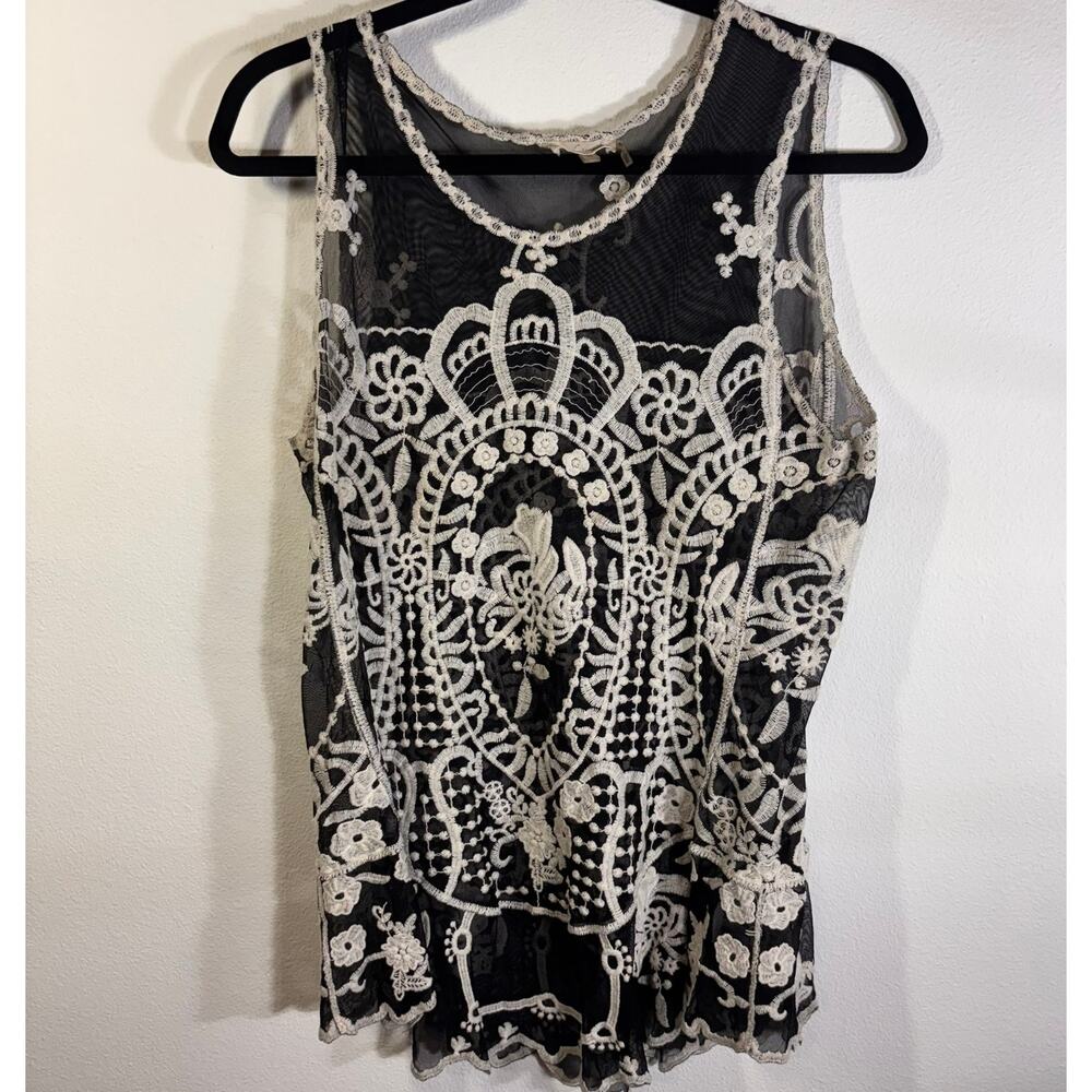 Capri Sheer Black Mesh Lace Embroidered Tank Top Medium Boho Floral
